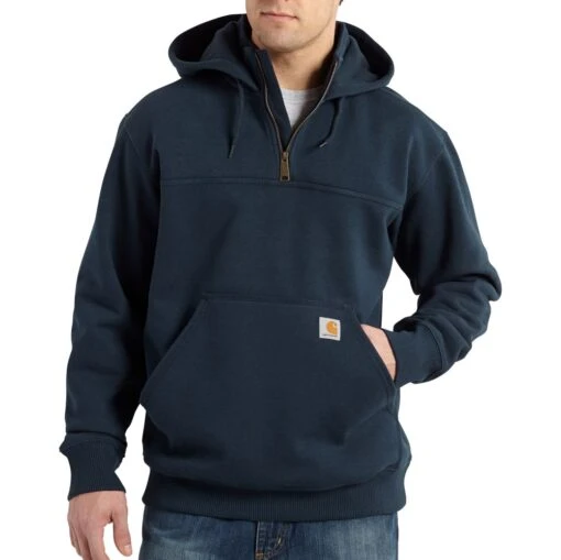 'Carhartt' Men's Rain Defender®Paxton Heavyweight 1/4 Zip Hooded Mock Sweatshirt - Navy -Shoes Boot Store