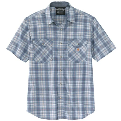'Carhartt' Men's Rugged Flex Relaxed Fit Lightweight Snap Front Short Sleeve Plaid - Steel Blue -Shoes Boot Store