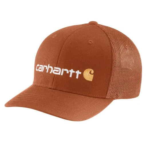 'Carhartt' Men's Rugged Flex Fitted Canvas Mesh-Back Logo Graphic Cap - Burnt Sienna -Shoes Boot Store