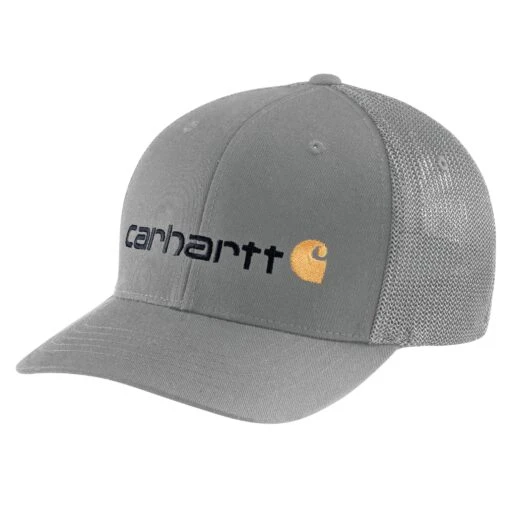'Carhartt' Men's Rugged Flex Fitted Canvas Mesh-Back Logo Graphic Cap - Asphalt -Shoes Boot Store