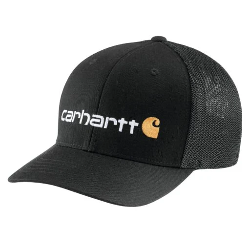 'Carhartt' Men's Rugged Flex Fitted Canvas Mesh-Back Logo Graphic Cap - Black -Shoes Boot Store