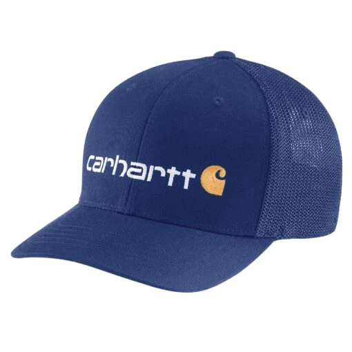 'Carhartt' Men's Rugged Flex Fitted Canvas Mesh-Back Logo Graphic Cap - Scout Blue -Shoes Boot Store
