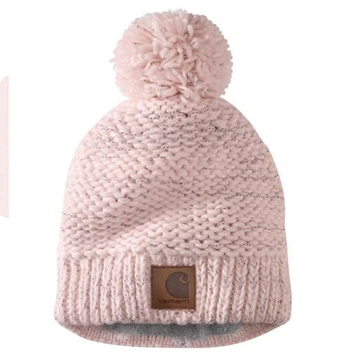 'Carhartt' Women's Rib Knit Sherpa-Lined Pom Pom Beanie - Pink Salt -Shoes Boot Store